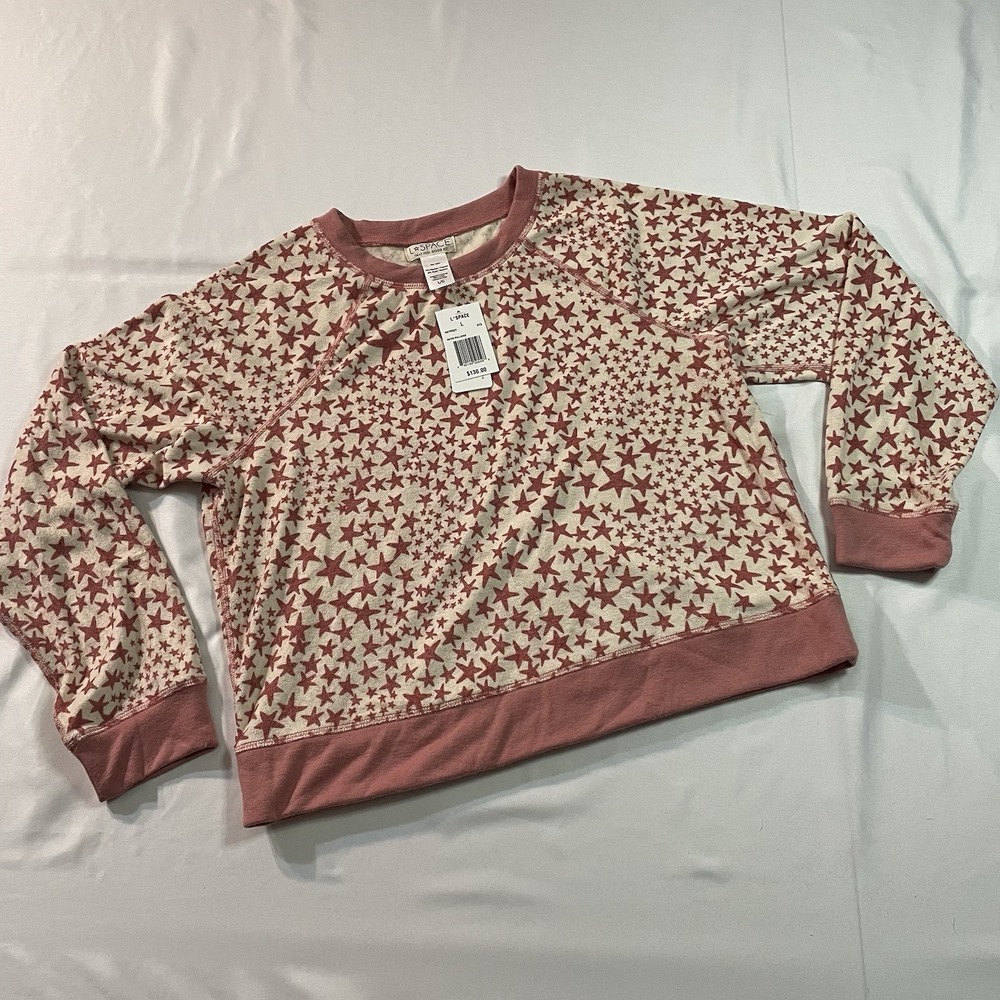 NWT L*SPACE Hayes Pullover Sweater Star Print Crew Neck Pink Cream Terry Large